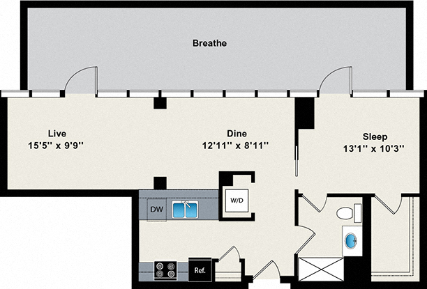 1 Bed 1 Bath Penthouse 745 Floor Plan at Reside on Green Street Apartments, Illinois, 60642